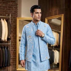 Powder Blue Elegant Groom Outfit: Embroidered Nehru Jacket Set with Kurta Pajama