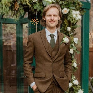 Brown Tweed Wool Suit: Men&#39;s Classic Wedding Groom Suit