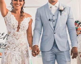 Himmelblauer dreiteiliger Hochzeitsanzug, Slim Fit-Hochzeitsanzug