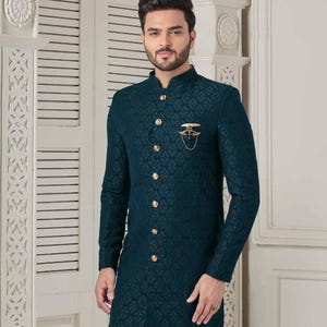 Peacock Blue Groom Achkan: Jacquard Indo-Western Wedding Outfit