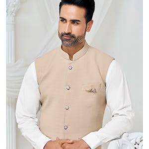 Beige Modi Jacket for Men: Indian Wedding Nehru Waistcoat
