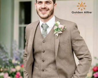 Tan Brown Tweed Groom Suit, 3-Piece Wool Wedding Suit