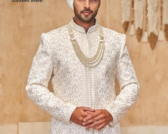 White Embroidered Groom Sherwani, Indian Wedding Outfit
