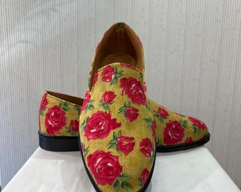 Mustard Yellow Floral Wedding Loafers, Handmade Mojari for Sherwani