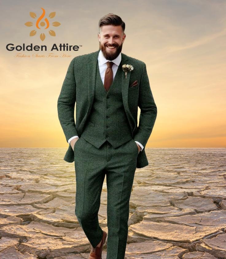 グリーンツイード3ピーススーツ、オーダーメイドメンズウェディング