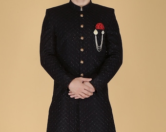 Thread Embroidered Sherwani: Indian Wedding Groom Outfit