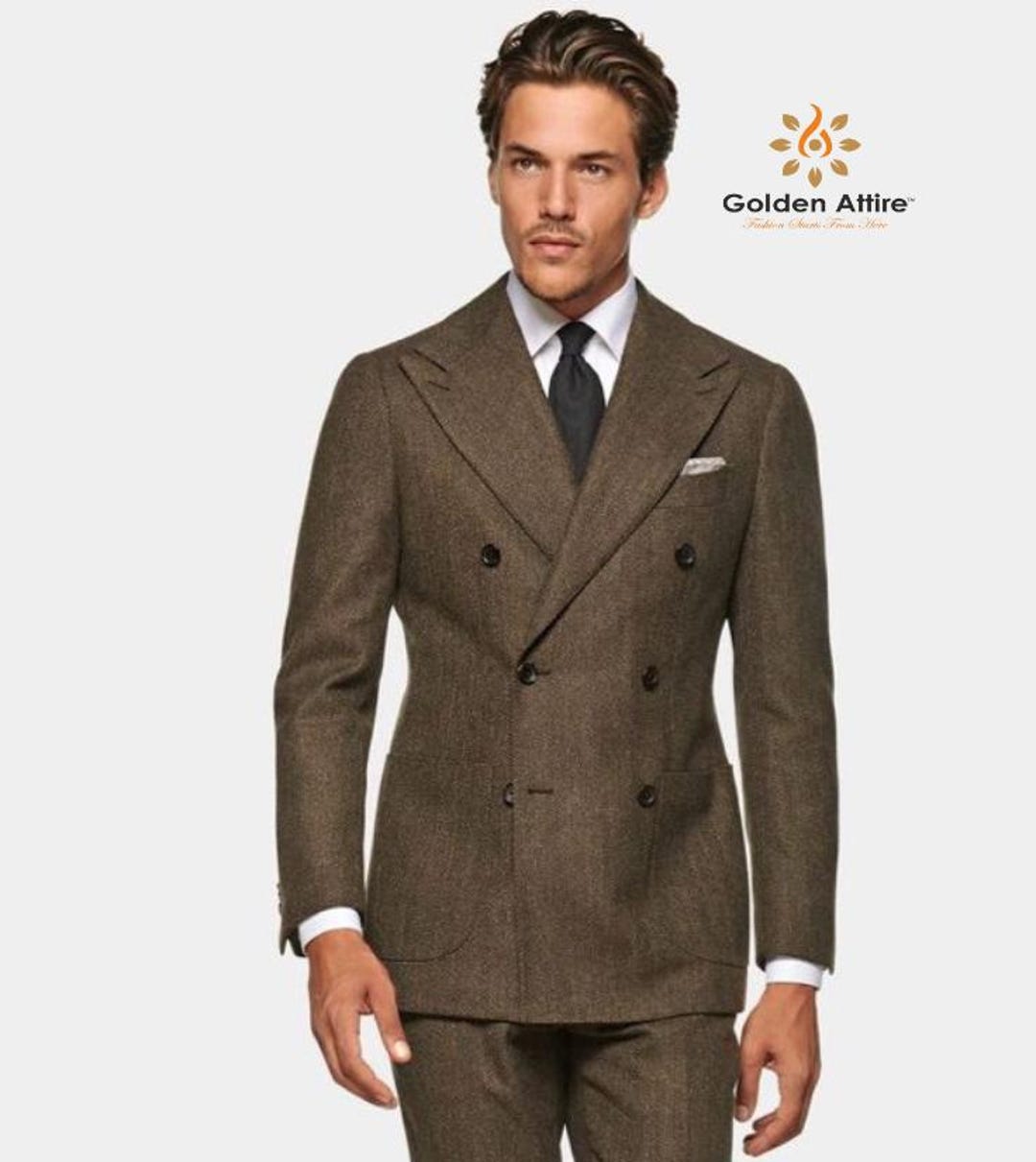 Brown Tweed Wool Double Breasted Suit, Luxury Groom Wear - Etsy