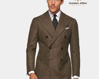 Brown Tweed Wool Double Breasted Suit, Luxury Groom Wear