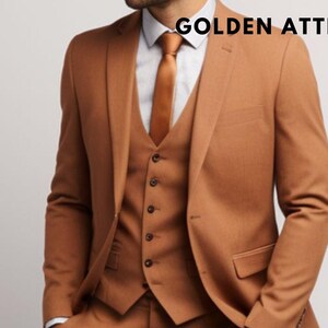 Men&#39;s Brown 3 Piece Suit: Rust Wedding Groom Tuxedo