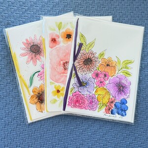 Ensemble de cartes de voeux florales amusantes - 3 cartes vierges de 5 x 7 po. emballées individuellement avec enveloppes incluses
