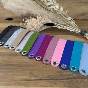 Könnte beinhalten: Eine Auswahl an farbigen Filzriemen in verschiedenen Farbtönen, darunter Schwarz, Grau, Beige, Grün, Lila, Rosa, Blau und Türkis. Jeder Riemen hat eine Metallöse an einem Ende. Trockenblumen sind im Hintergrund.