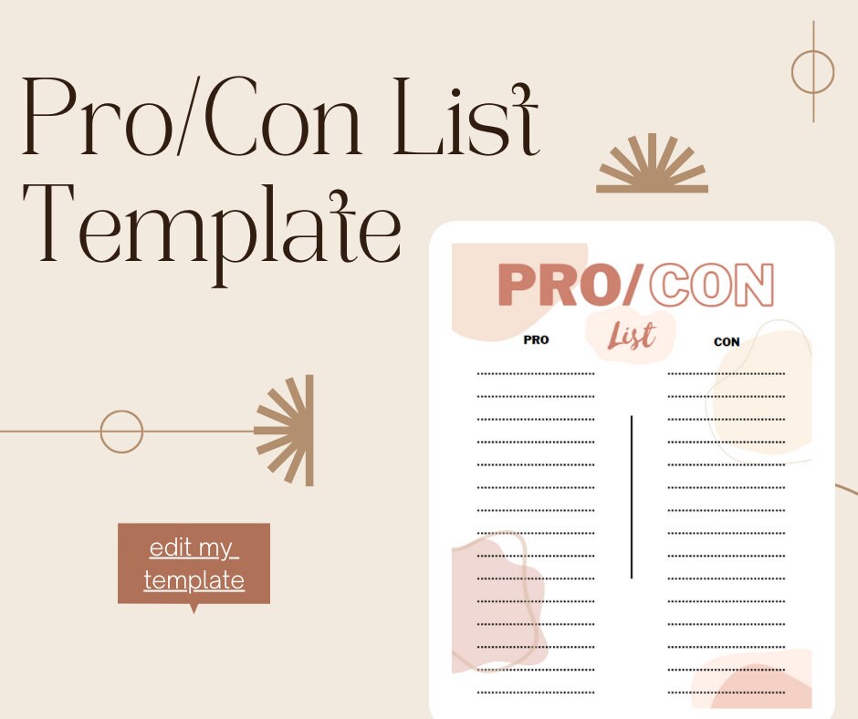 Pro / Con List Template Digital Download Etsy