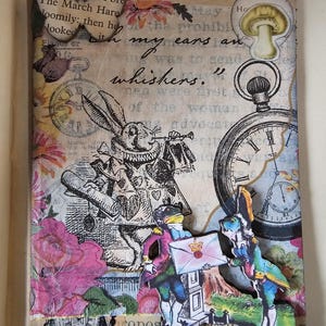 Cartão de felicitações caprichoso em branco dentro de casamento amor romântico arte vintage Alice no país das maravilhas coelho branco lebre de março chapeleiro maluco rainha vermelha