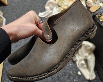 Antique victorian Lancashire leather clogs shoes vintage hob nail brown british history set dressing prop costume film TV theatre