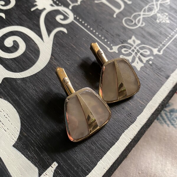 Vintage large faux mother of Pearl cufflinks antique retro men’s accessories jewellery cuff links shirt gold geometric Christmas stocking