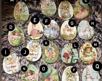Reproduction Victorian edwardian Easter egg decoration gift tags wooden cute pastel Christian religious church bunny rabbit chick egg duck