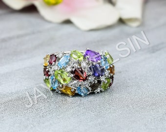 Natural Multi Color Gemstone Ring Natural Multi Gemstone Statement Ring 925 Sterling Silver Ring Multi Mix Color Stone Handmade Ring Gift