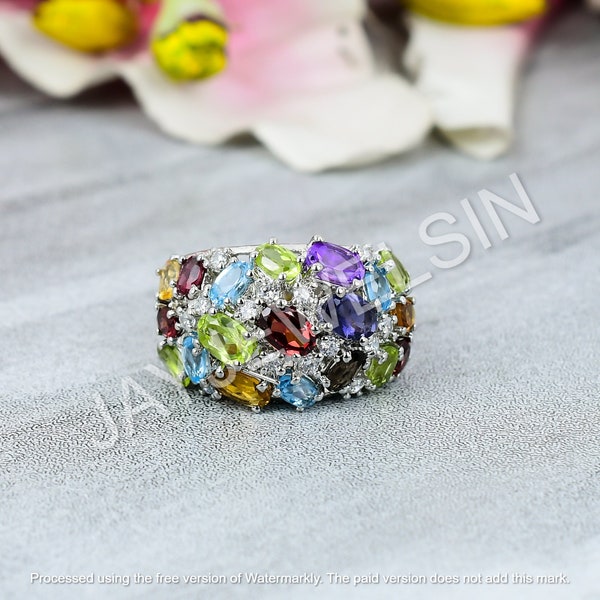 Natural Multi Color Gemstone Ring Natural Multi Gemstone Statement Ring 925 Sterling Silver Ring Multi Mix Color Stone Handmade Ring Gift