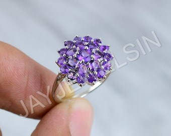 Floral Amethyst Statement Ring, 925 Sterling Silver, February Birthstone