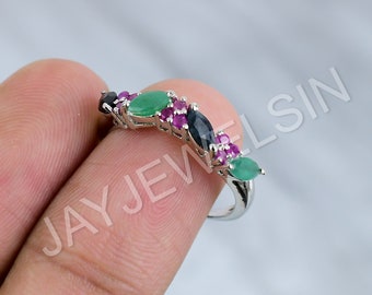 Handmade 925 Sterling Silver Ruby Emerald Statement Ring