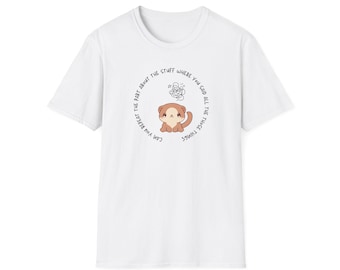 Op de afbeelding: Wit T-shirt met een bruin cartoondier met een gedachteballon boven zijn hoofd. De tekst op het T-shirt luidt: "Can you repeat the part about the stuff where you could say all the those things."