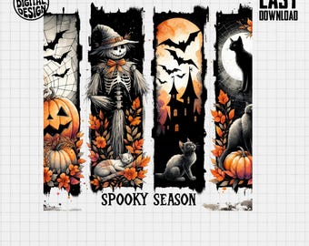 May include: Halloween-themed digital design featuring four vertical panels with spooky illustrations. Includes a pumpkin, a skeleton scarecrow, a haunted house, and black cats. The words "Spooky Season" are displayed. The design is for commercial use print files.