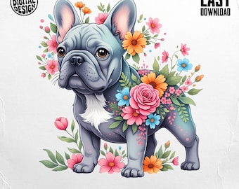 Floral French Bulldog PNG: Frenchie Clipart for Sublimation (Digital Download)