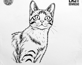 Cat Line Art, Feline Portrait Illustration (Digital Download)