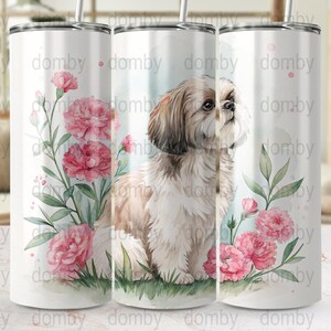 Embalagem para copo aquarela com estampa de cachorro Shih Tzu: presente floral para quem ama animais de estimação (download digital)