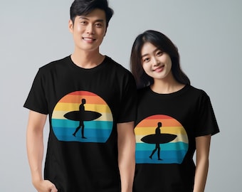 Retro Surfing T-Shirt: Beach Sunset Silhouette, Boho Apparel