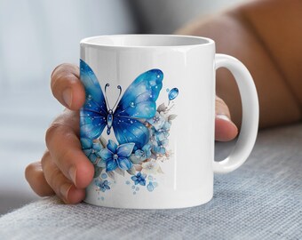 Blauer Schmetterling und Blumen Tasse