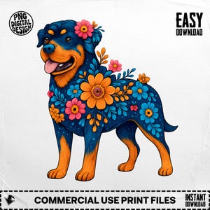 Floral Rottweiler PNG: Dog Clipart for Sublimation (Digital Download)
