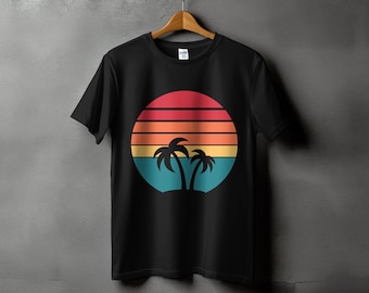 Camiseta gráfica retro con palmeras al atardecer: Camiseta de vacaciones de verano