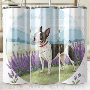 Téléchargement numérique de gobelet pour chien Boston Terrier, emballage numérique de paysage floral de chien mignon, cadeau pour les amoureux des chiens, Mug Wrap Art