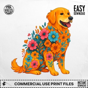 Golden Retriever (Png), Clipart de perro floral, Raza de perro (Png), Perro (Png), Retriever de flores, Sublimación (Png), Descarga digital