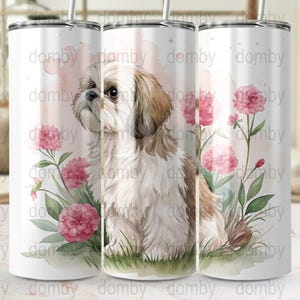 Envoltório para copo Shih Tzu: Cachorro com estampa floral em aquarela (download digital)