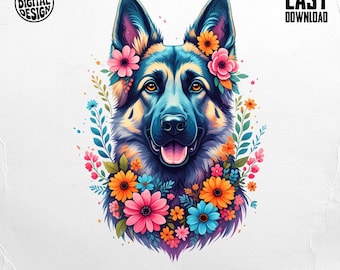 Floral German Shepherd PNG: Dog Clipart for Sublimation (Digital Download)
