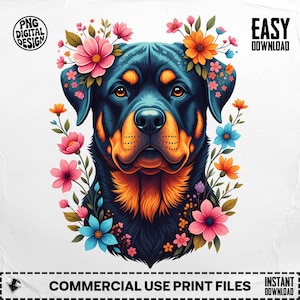 Floral Rottweiler PNG: Dog Breed Clipart, Sublimation Design (Digital Download)