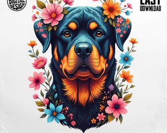 以下が含まれることがあります： ピンク、オレンジ、青の花の王冠と周囲の花を持つロットワイラー犬のデジタルイラスト。犬は茶色のマーキングのある黒い毛皮を持っています。「PNG DIGITAL DESIGN」、「EASY DOWNLOAD」、「COMMERCIAL USE PRINT FILES」というテキストが含まれています。