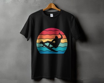 Retro Surfing Graphic Tee: Colorful Wave Surfboard Shirt