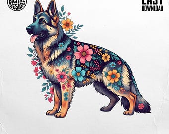 Floral German Shepherd PNG: Boho Dog Clipart (Digital Download)