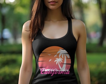 Camiseta sin mangas California Sunset: Camiseta sin mangas de palmera playera para mujer
