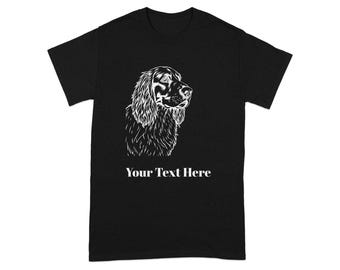 May include: Black t-shirt featuring a detailed white illustration of a dog's head and shoulders. The text "Your Text Here" is printed in white below the dog image. The shirt is a classic crew neck style.