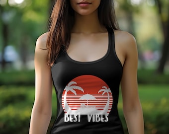 Retro Sunset Beach Tank Top: Unisex Summer Vacation Shirt