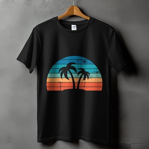 Retro Sunset Palm Trees T-Shirt, Vintage Beach Graphic Tee, Summer Vibes Shirt, Tropical Vacation Clothing, Coastal Style Apparel