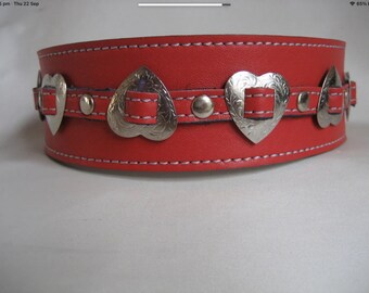 Leather Red Dog Collar with Heart Conchos