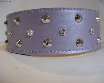 Leather Lilac Studded and Diamente Dog Collar