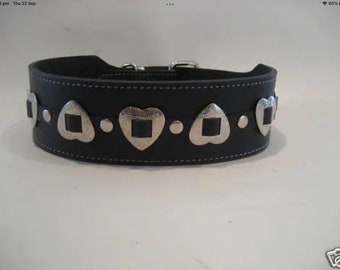 Leather Black Dog Collar with Heart Conchos