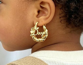 18K Gold Baby Name Hoop Earrings, Mini Nameplate, Personalized Twsit Hoops, Baby Shower Gifts