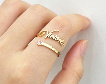 18K Gold Dainty Name Ring, Minimalist Birthstone Stackable Jewelry